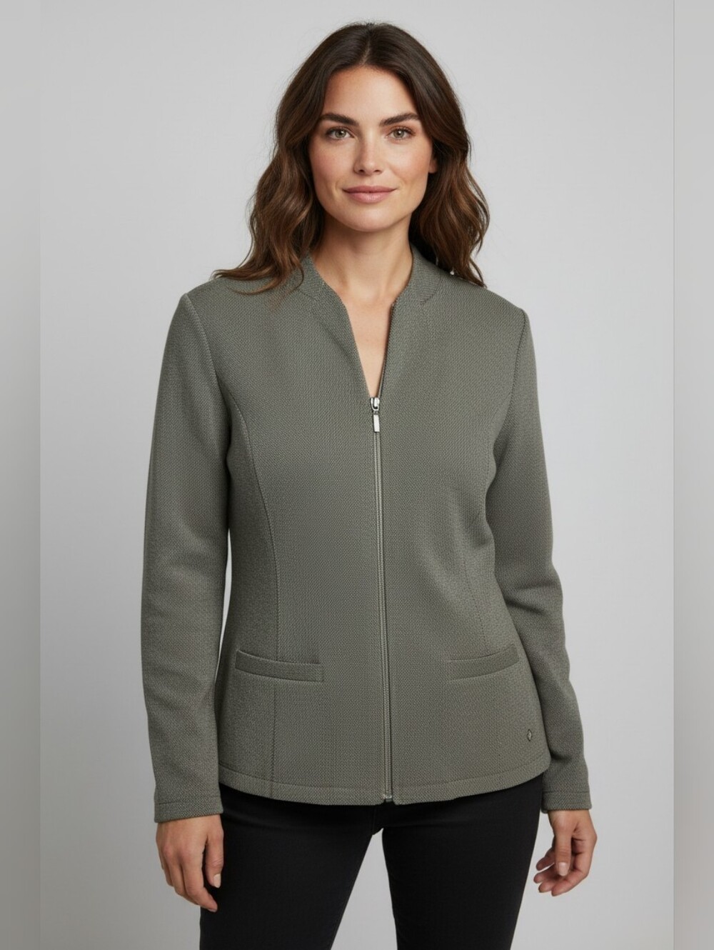 Olsen - Women’s Zip-Front Textured Jacket - Olive SZ M